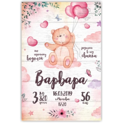 Картина на досках Детские метрики - Мишка на воздушных шарах